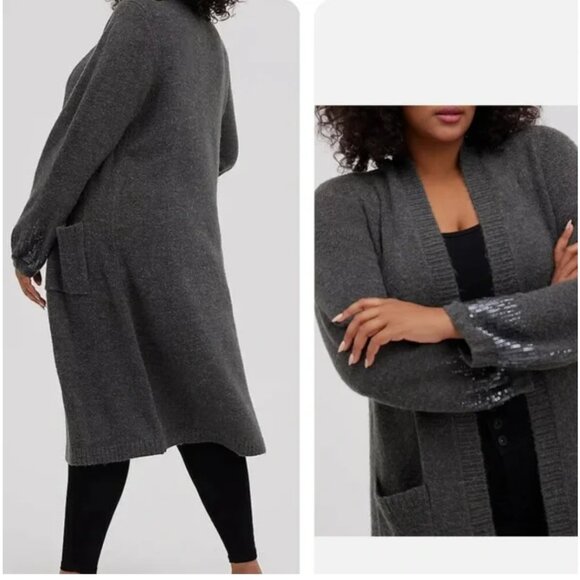 NWT TORRID Women's Long Sweater SZ 1X 14-16 Gray Sequins Knit Cardigan Duster - Picture 2 of 10